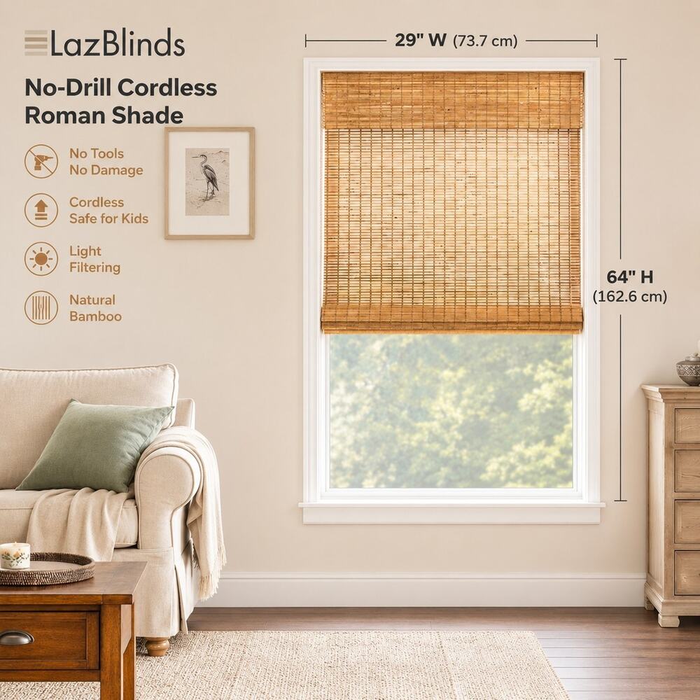 29" x 64" Bamboo Roman Window Shade Blind Light Filtering Malay Oak by LazBlinds
